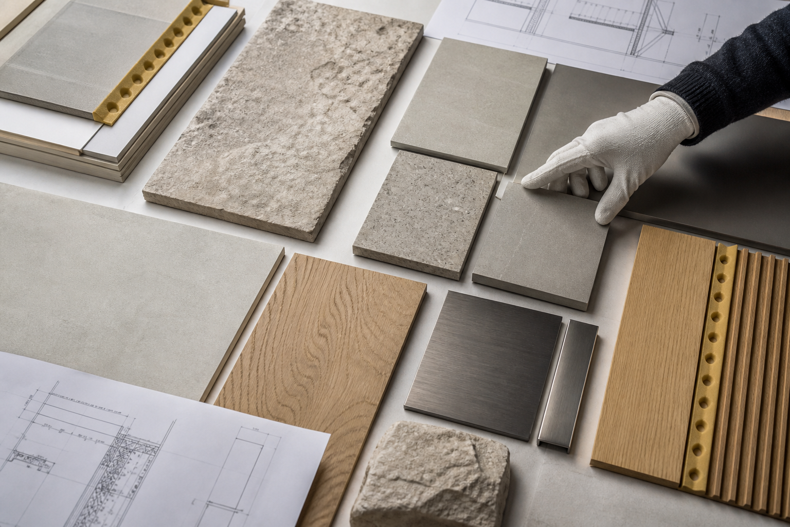 Campioni di pietra, legno, ceramica e metallo per una ristrutturazione